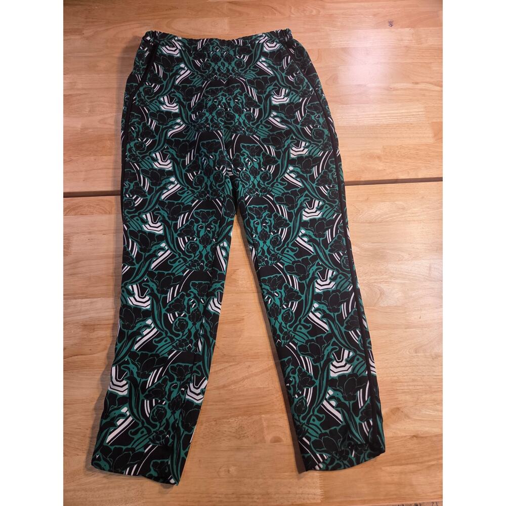 J. Crew Green Black White Abstract Tuxedo Pants Side Piping Size 6 Polyester - Picture 1 of 13